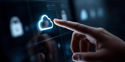 Close-up view of a hand accessing cloud storage through a digital screen featuring security and data icons photo