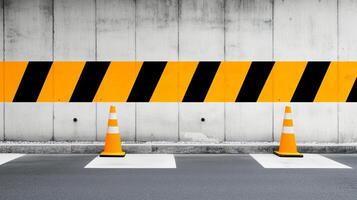 Concrete barrier texture background with faded road markings and traffic cones creating a stark urban environment photo