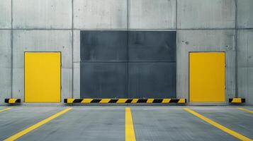 Concrete loading dock background showcasing pallet marks and yellow doors in an industrial setting photo