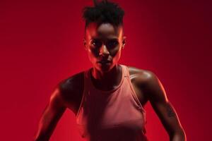 Energetic female athlete focused on running with a determined expression against a vibrant scarlet backdrop photo