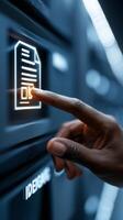 Hand interacting with digital document management system featuring checklist on blue illuminated background photo