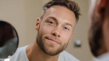 Man admiring himself in mirror with satisfaction in a neutral setting photo