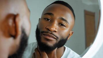 Man gazes into mirror with satisfaction, reflecting confidence in a neutral setting photo