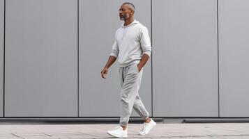 Confident man walking in stylish fit clothing against a neutral background with ample copy space photo