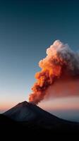 Mount Fuji erupts with vibrant ash clouds against a twilight sky photo