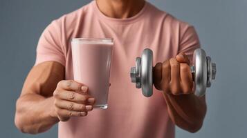 Person holds smoothie and dumbbell while exercising in a neutral setting to promote health and fitness photo