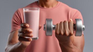 Healthy lifestyle choice with smoothie and dumbbell in workout routine photo