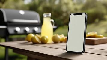 Smartphone mockup on a picnic table with barbecue grill and lemonade at summer cookout photo