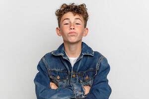 Teen boy with a playful smirk poses confidently in a denim jacket against a white background photo