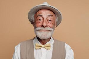 Warm-hearted elderly gentleman with gentle smile and classic attire, set against a soft beige background photo