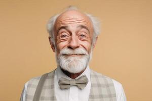 Charming elderly gentleman with a gentle smile, dressed in classic attire on a soft beige background photo