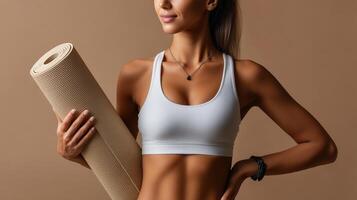 Woman holds yoga mat against soft beige background, ready for practice and mindfulness in serene environment photo
