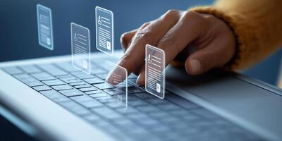 Person completing online forms with digital icons representing HR processes for sheet metal fabricators photo