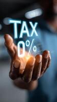 Interactive tax governance with hand and hologram displaying data trends and clarity in financial management photo