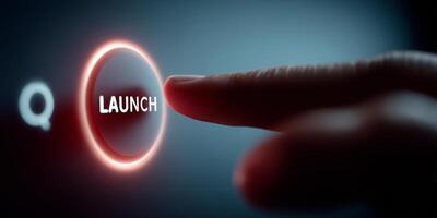 Hand pressing a glowing launch button on a digital interface emphasizing privacy and security photo