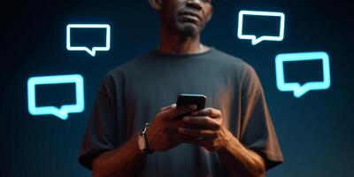 Person interacts with phone surrounded by floating holographic speech boxes photo