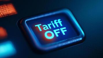 Hand pressing glowing button to disable tariff with dollar symbol in a digital interface promoting security photo