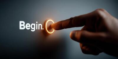 Hand pressing glowing Begin button on digital interface emphasizing privacy and trust photo