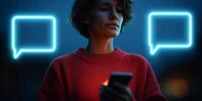 Person interacts with smartphone while floating speech boxes hover in a nighttime atmosphere photo