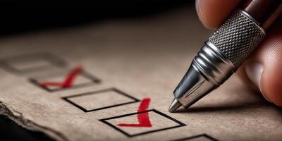 Close-up of checklist task being marked off for enhanced productivity in work environment photo