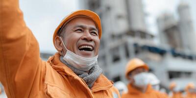 Workers celebrate success of anti-dumping policy in industrial setting during afternoon gathering photo
