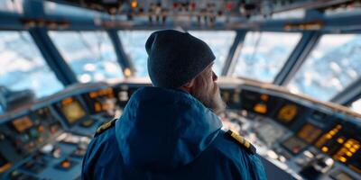 Helmsman calmly navigates Scandinavian ferry through the chilly northern sea with panoramic views photo