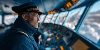 Helmsman navigates scenic Scandinavian waters aboard a ferry, immersed in focus and solitude photo