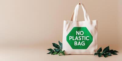 Eco-friendly shopping bag promoting no plastic usage at a sustainable market photo