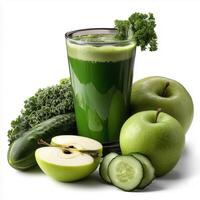 Detox green juice featuring kale, cucumber, and apple on a white background photo