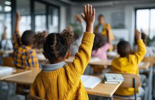 Japanese elementary students engage in class with hands raised in a bright and cheerful classroom environment photo