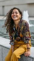 Smiling woman enjoys a sunny day by the fountain in a vibrant city park photo