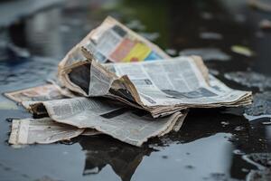 Discarded newspaper pulp collects in rain puddles after a storm, reflecting the aftermath of heavy rain photo