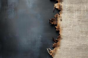 Burnt burlap edges with smoldered holes against a dark background photo