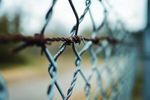 Broken chain-link fence overgrown with rusted barbed wire along an abandoned road in a rural area photo