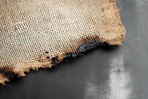 Burnt burlap edges with smoldered holes showcasing charred textures and aged fabric photo
