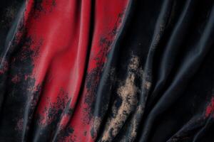 Sun-faded velvet fabric displaying unique nap wear patterns in deep red and black tones photo