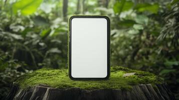 Eco-friendly smartphone mockup showcasing a nature-inspired design on a moss-covered wooden slab photo