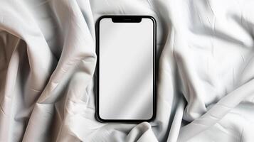 Mockup showcasing an iPhone on a light gray linen cloth with a blank screen and aluminum edges photo