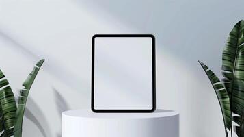 Minimalist tablet mockup on a foam pedestal with a blank screen and soft natural lighting photo