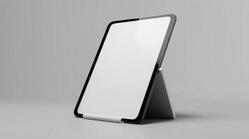 Tablet mockup displayed on a white acrylic stand with a blank screen in a modern, minimalist setting photo