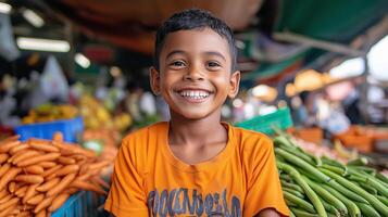 Young boy smiles brightly at a bustling market in Cambodia while surrounded by fresh produce photo