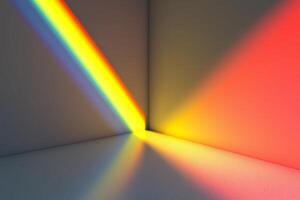 Sunbeam passing through a prism creating a vibrant rainbow on a white background photo