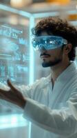 Innovative holographic assistant interacts with advanced control panel in futuristic environment photo