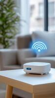 Holographic assistant interacts with smart devices in a modern home setting photo