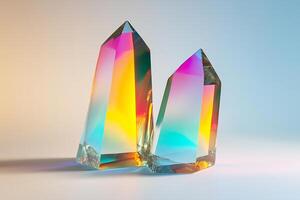 Vibrant aurora borealis light refraction in a crystal on a white background showcasing colorful reflections and patterns photo