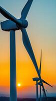 AI systems optimize renewable energy grids amidst wind turbines at sunset photo