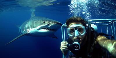 Diving into the ocean depths in a shark cage while capturing a selfie with a massive shark photo