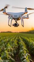 Drones monitor crops and automate irrigation systems during sunset in a farming landscape photo