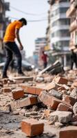 Destruction in city streets following recent earthquake, with debris scattered across the ground photo