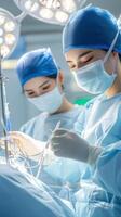 AI-powered medical robots assist in surgery while doctors monitor in advanced operating room photo